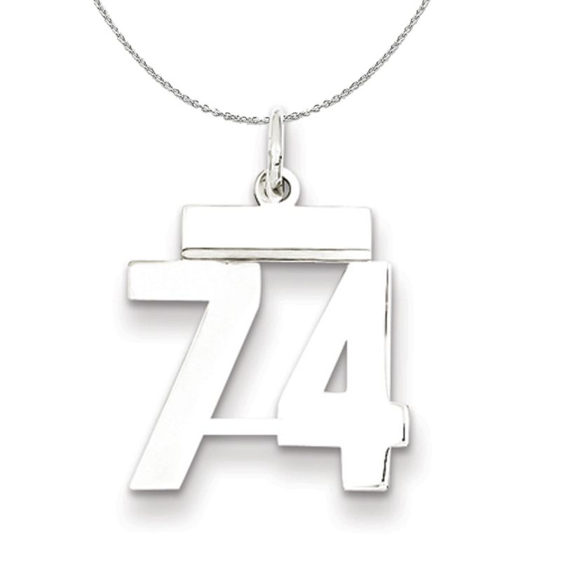 Silver, Athletic Collection, Small Polished Number 74 Necklace - 16 In